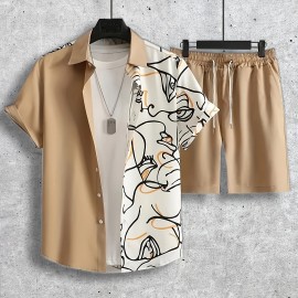 Abstract Painting Print, Men's 2Pcs Outfits, Casual Camp Collar Lapel Button Up Short Sleeve Shirts Hawaiian Shirt And Drawstring Shorts Set For Summer, Men's Clothing