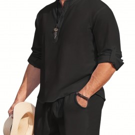 Men's Linen Blend Retro Henley Shirt Long Sleeve T-shirt Tee, Casual Comfy Shirts For Men Spring Summer Autumn, Men's Clothing Tops For Beach Yoga