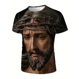 Jesus Print, Men's Graphic Design Crew Neck Active T-shirt, Casual Comfy Tees Tshirts For Summer, Men's Clothing Tops For Daily Gym Workout Running