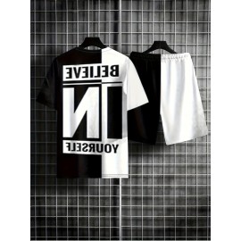 Believe In Yourself Print, Men's 2Pcs Outfits, Casual Crew Neck Short Sleeve T-shirt And Drawstring Shorts Set For Summer, Men's Clothing