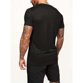 Classic Design Black Solid Top Casual Mid Stretch Short Sleeve Crew Neck Graphic T-shirt, Men's Tee For Summer Outdoor