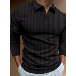 Ribbed Men's Solid Color V-neck Long Sleeve Shirt, Male Spring Fall Casual Top