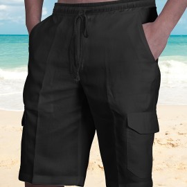 Classic Design Cotton Cargo Shorts, Men's Casual Multi Pocket Waist Drawstring Cargo Shorts For Summer Outdoor