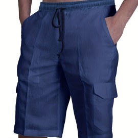 Classic Design Cotton Cargo Shorts, Men's Casual Multi Pocket Waist Drawstring Cargo Shorts For Summer Outdoor