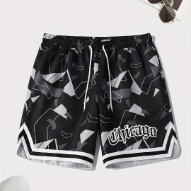 Letter Print Chevron Quick Drying Comfy Shorts, Men's Casual Waist Drawstring Shorts For Summer Gym Workout Training