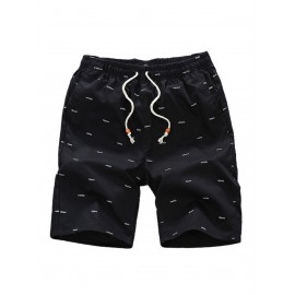 Casual Cotton Slightly Stretch Fish Bone Pattern Drawstring Shorts, Men's Cropped Pants For Summer