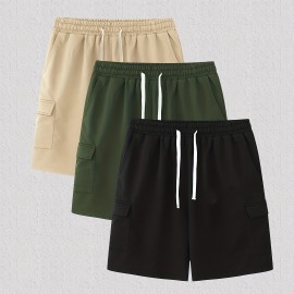 Classic Design Cargo Shorts, Men's Casual Multi Pocket Solid Color Waist Drawstring Cargo Shorts For Summer Outdoor