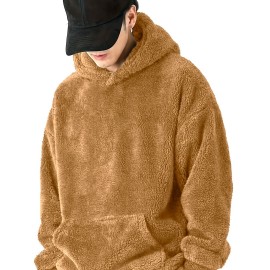 Coral Fleece Solid Color Hoodies For Men, Warm Hoodie With Kangaroo Pocket, Comfy Loose Trendy Hooded Pullover, Men's Clothing For Autumn Winter
