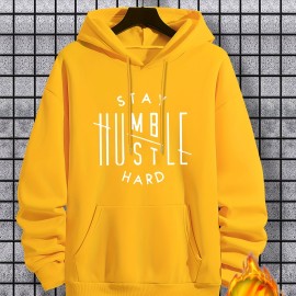 Stay Humble & Hustle Print Hoodie, Cool Hoodies For Men, Men's Casual Graphic Design Pullover Hooded Sweatshirt With Kangaroo Pocket Streetwear For Winter Fall, As Gifts